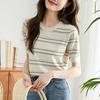Women's 2026 Striped Ice Silk Knit Top - Summer Slim Fit, Petite, Round Neck, Jacquard Hollow, Short Sleeve.
