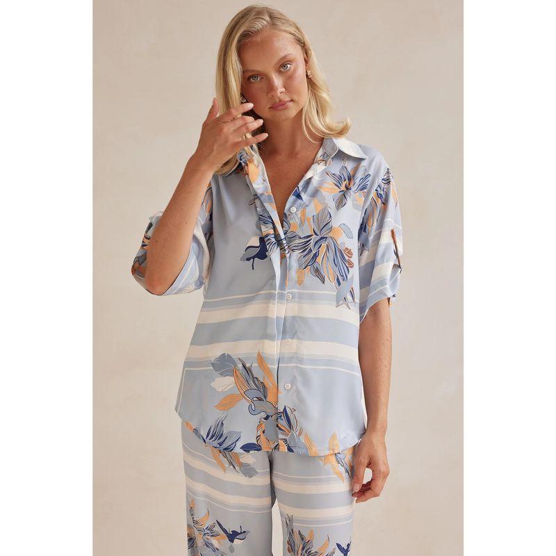 

European and American Summer New Women Homewear Fashion Casual Print Cardigan Shirts Trousers Set White Stripes on blue background XL