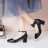 New Thick Heel, Middle Heel Buckle with Bow, Light Mouth Single Shoes, Women's Large Size Shoes.