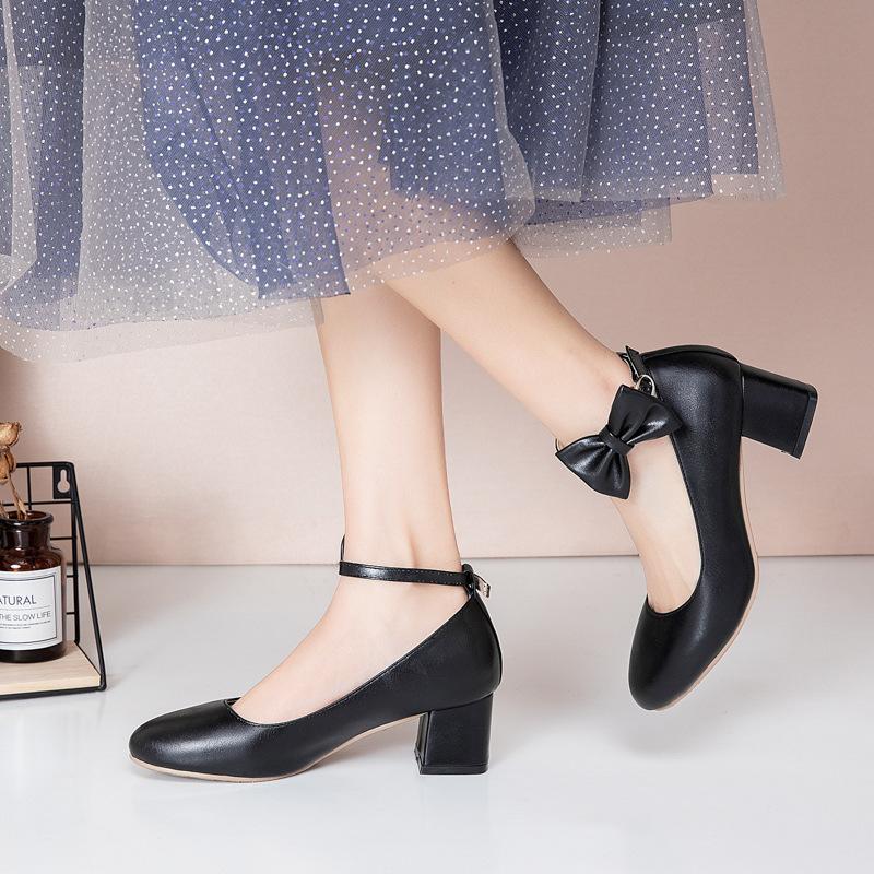 New Thick Heel, Middle Heel Buckle with Bow, Light Mouth Single Shoes, Women's Large Size Shoes.