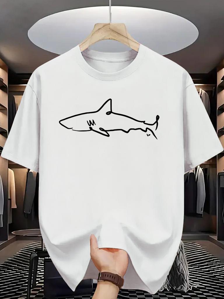 European sizes Men'S Casual Summer T-Shirt with Shark Graphic Print, Short Sleeve, Round Neck, Regular Fit, Casual Adult Clothing | Graphic Tee