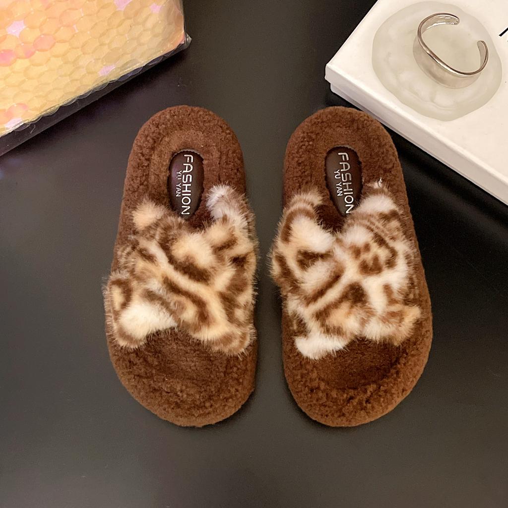 Dicksohlige flauschige Hausschuhe Damenschuhe 2025 Herbst und Winter neu große Größe doppelgestreift offen Zehen Samt Baumwollhausschuhe