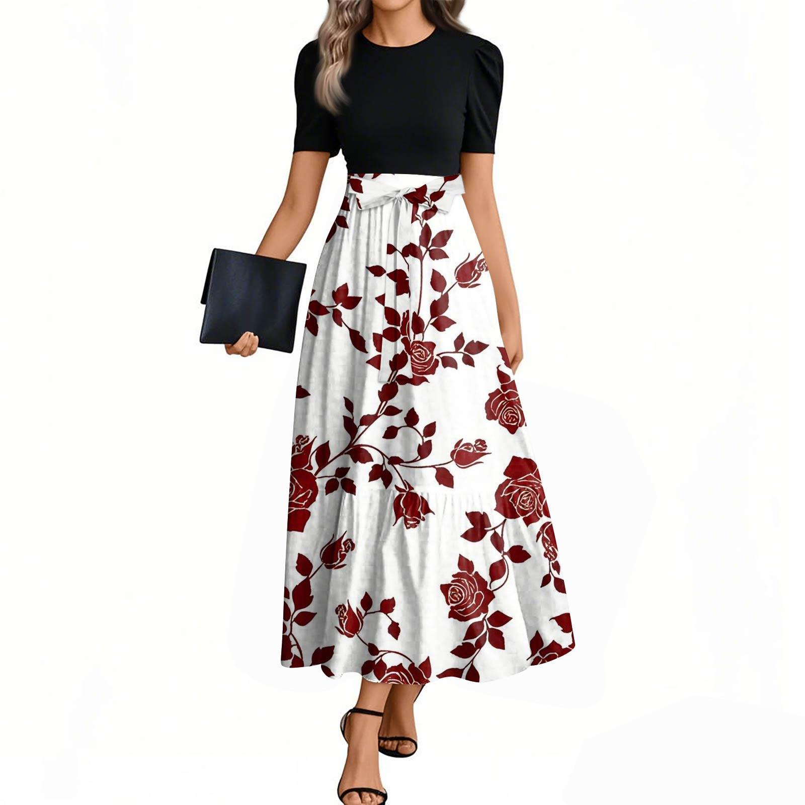 

Женские модные повседневные платья с поясом, короткими рукавами и круглым вырезом, с принтом, элегантные, темпераментные XXL красный