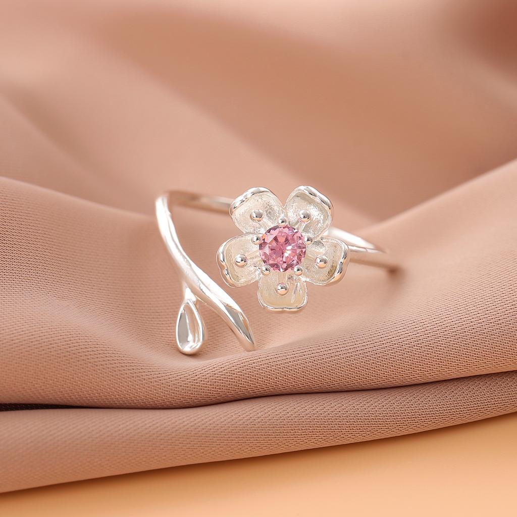 925 Silver Pink Crystal Flower Opening Ring for Women Fashion Jewelry R380