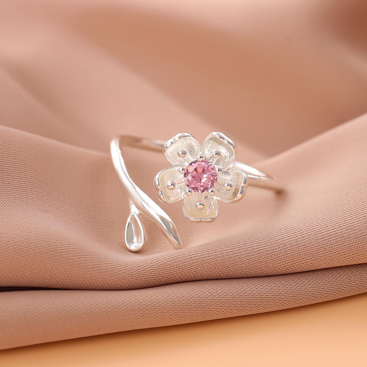 925 Silver Pink Crystal Flower Opening Ring for Women Fashion Jewelry R380