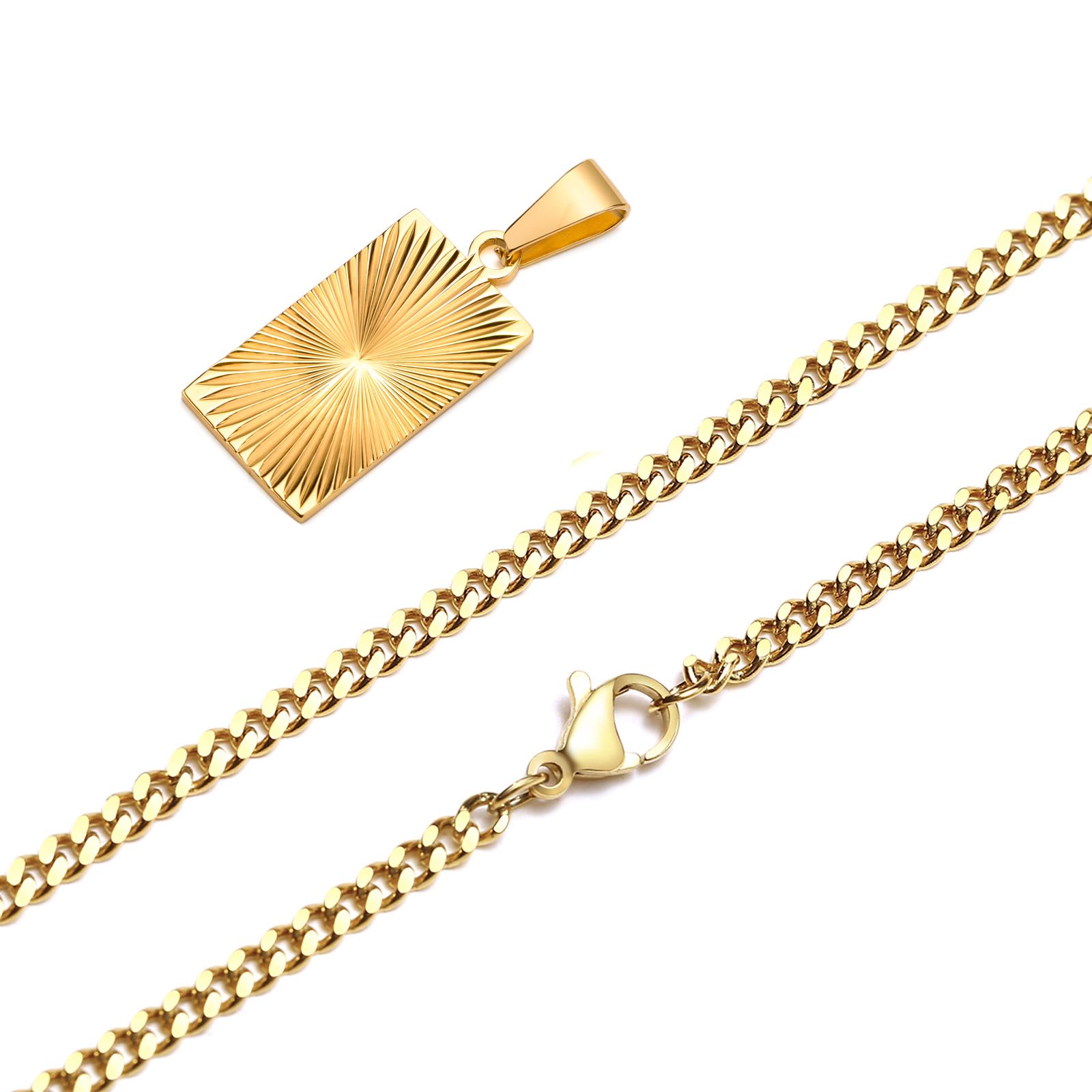 

Men Necklace Gold Plated,Embossing Radiation Rectangle Pendant, Stainless Steel Sunburst Charm Necklaces Zircon 20inch 50cm