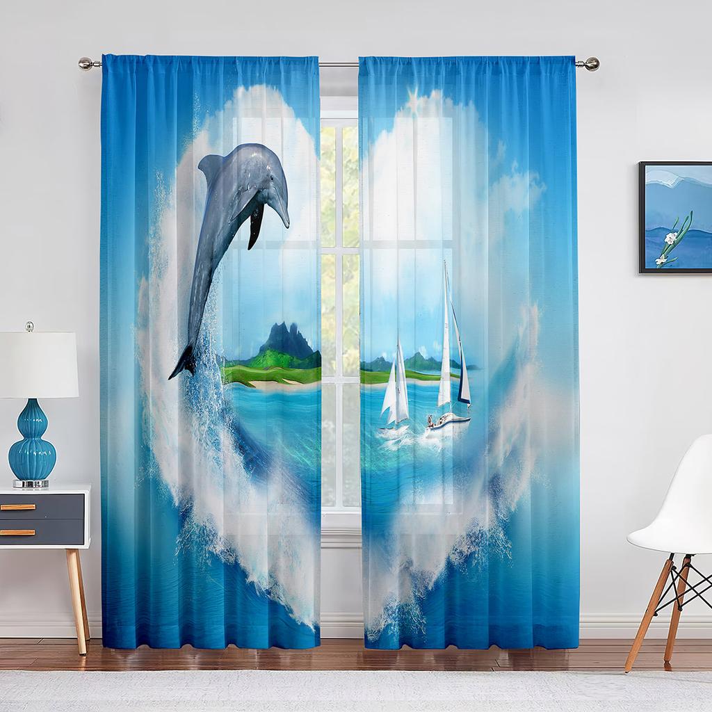 Cartoon Ocean Animal Sheer Voile Curtain Dolphin Sea Lion Whale Window Tulle Curtains for Living Room Kids Bedroom Kitchen Decor
