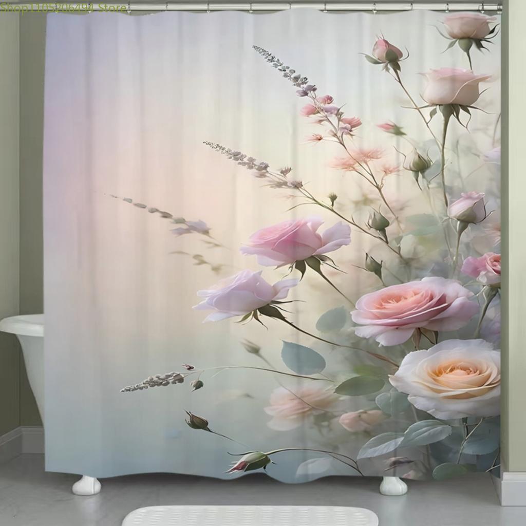 1 Stück Weiche Pastellrosa Florale Polyester Duschvorhang - Waschbar, Aufhängen ohne Bohren, Maschinenwaschbare Badezimmerdeko mit Lebhaftem Pi