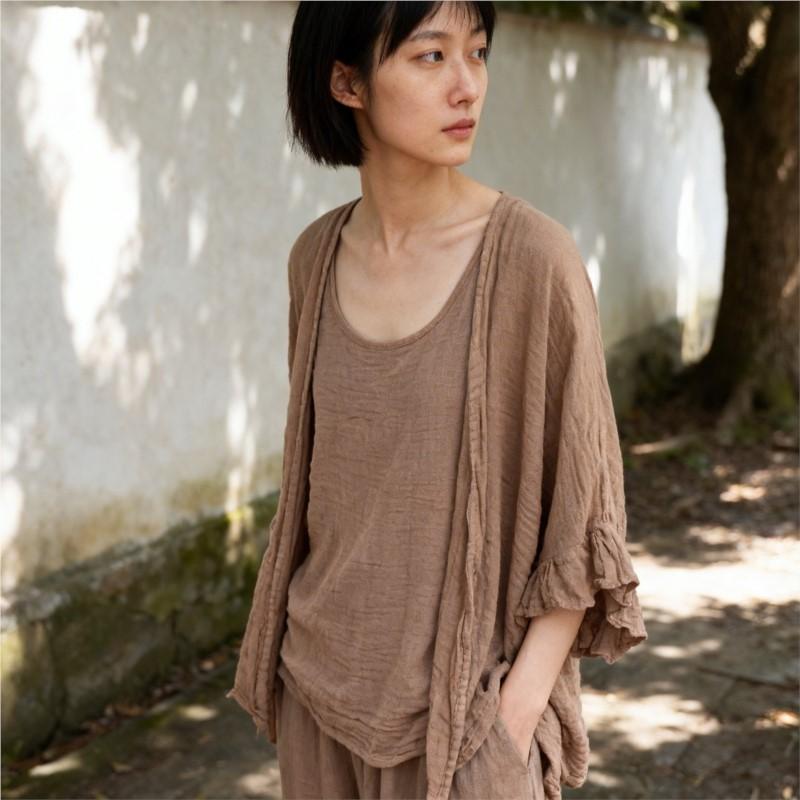 Johnature Women Shirts Summer Chinese Style Solid Color Tops Soft Butterfly Sleeve Female Blouses
