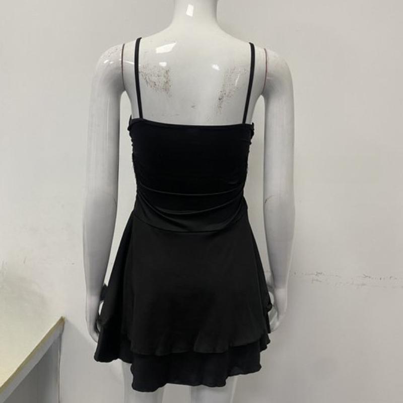 European and American summer solid color slim fit double-layer hem camisole backless dress