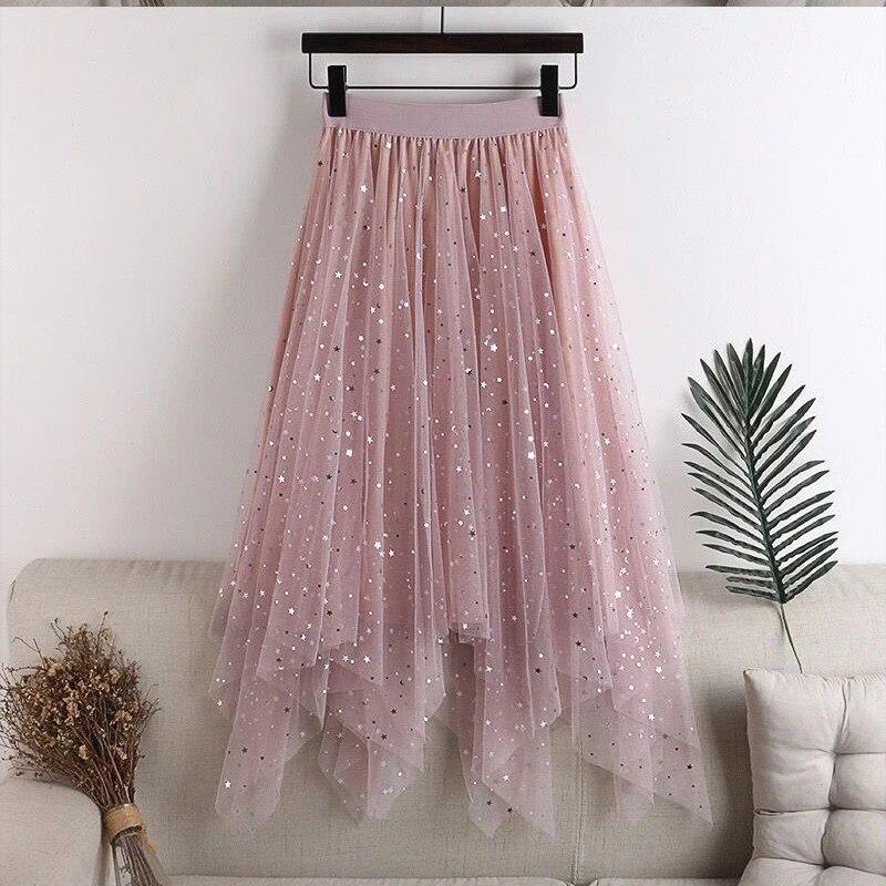 

Жіноча сітчаста спідниця-пачка з блискітками з казковими зірками та блискучою еластичною талією, довга тюлева спідниця А-силуету One Size рожевий