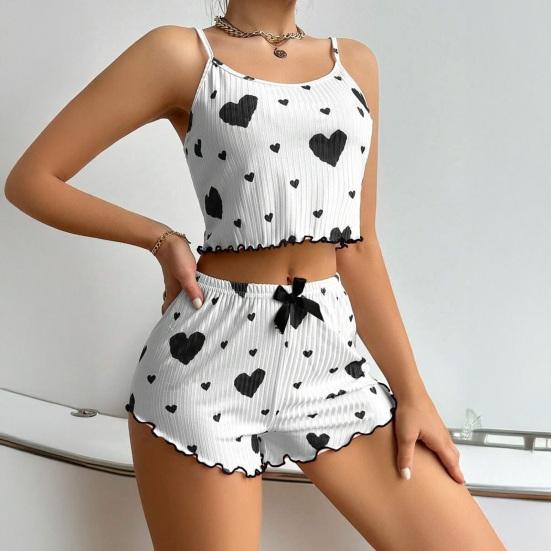 Women's Heart Print Ribbed Pajamas Set Crop Cami Tops And Shorts Cute Pjs
