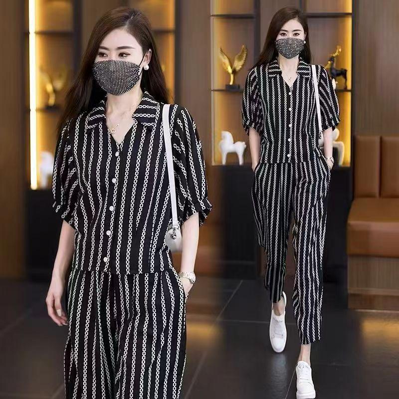 

Trendy 2025 Striped Women s Summer Two-Piece: Short-Sleeved Shirt & Wide-Leg Pants Set L [Recommended 100-110 lbs]