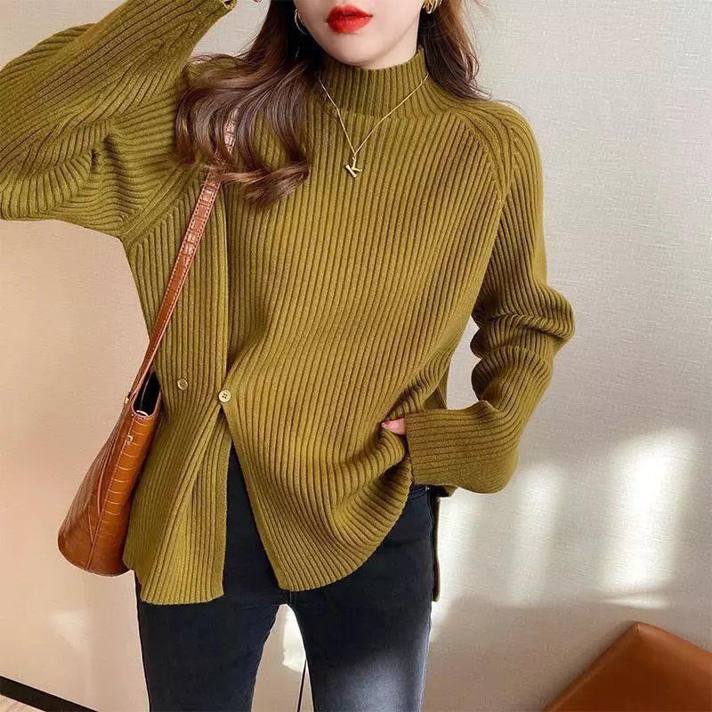 Half High Collar Sweater Pullover Women 2022 Solid Loose Open Knit Autumn and Winter Casual Long Sleeve Sweater Pullover Female