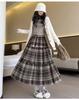 Retro Red Plaid Woolen Midi Skirt with Elastic Waist and Big Swing