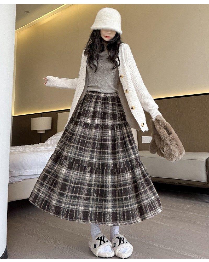 Retro Red Plaid Woolen Midi Skirt with Elastic Waist and Big Swing