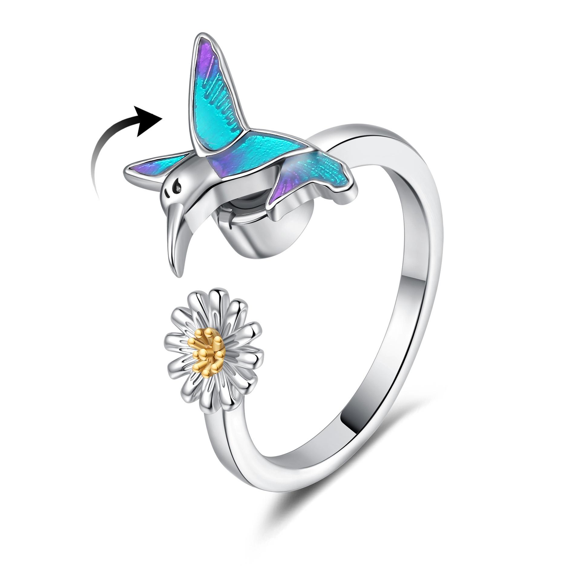 

2026 Color Fashion Niche Design Sense Hummingbird Rotating Ring Symphony Little Daisy Exquisite Ring Resizable