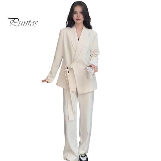

2 шт./комплект женский формальный пиджак брюки комплект с длинными рукавами застежка на пуговицы ремешок V-образный вырез кардиган средней длины куртка прямые брюки с высокой талией формальный деловой M белый
