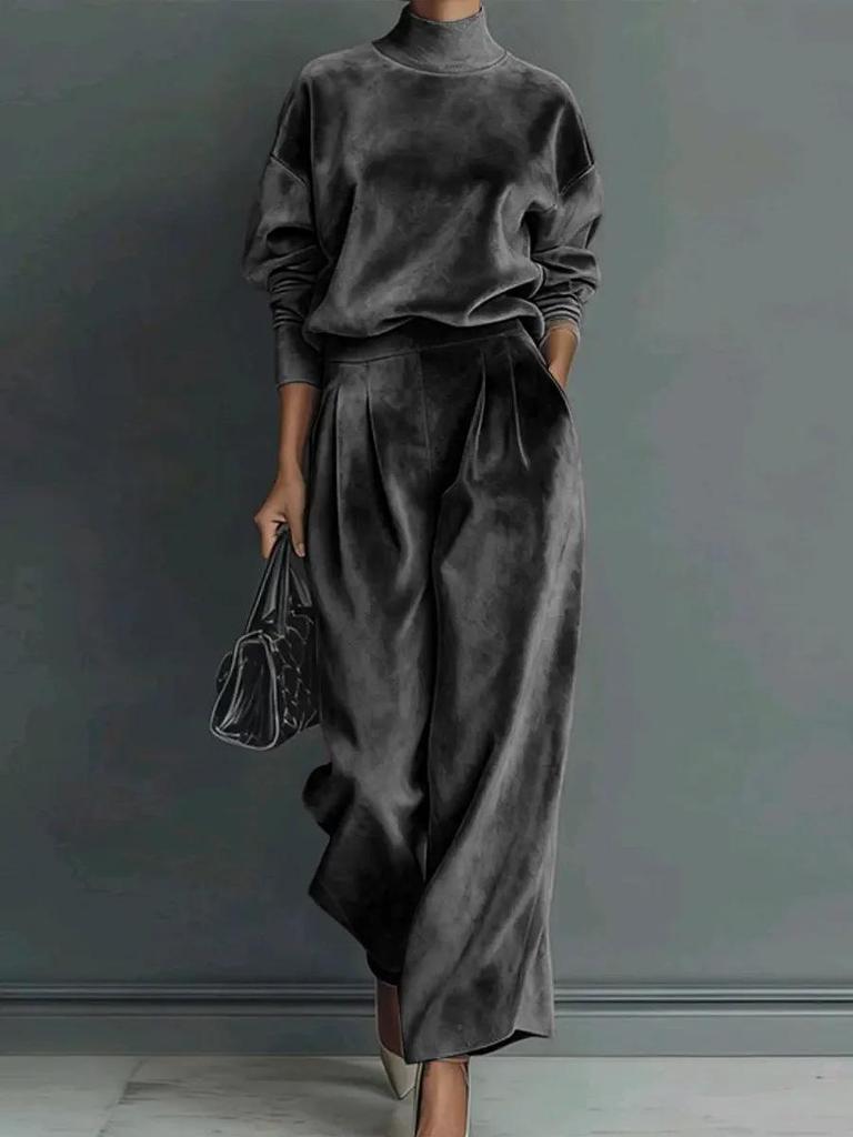 Women's 2025 Autumn/Winter Golden Velvet Two-Piece Set: Long Sleeve Top & Wide Leg Pants