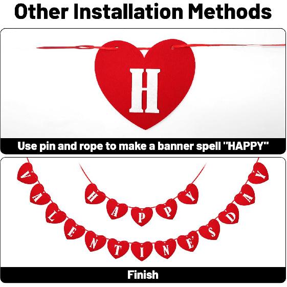 Happy Valentines Day Felt Banner No DIY Valentines Day Banner Pre-Strung Valentine's Day Felt Heart Garland for Valentine's Day Decorations