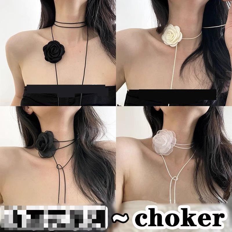 Black and White Flower Necklace Rose Choker Neck Flower Neckband Necklace Female Neck Collar Camellia Clavicle Chain