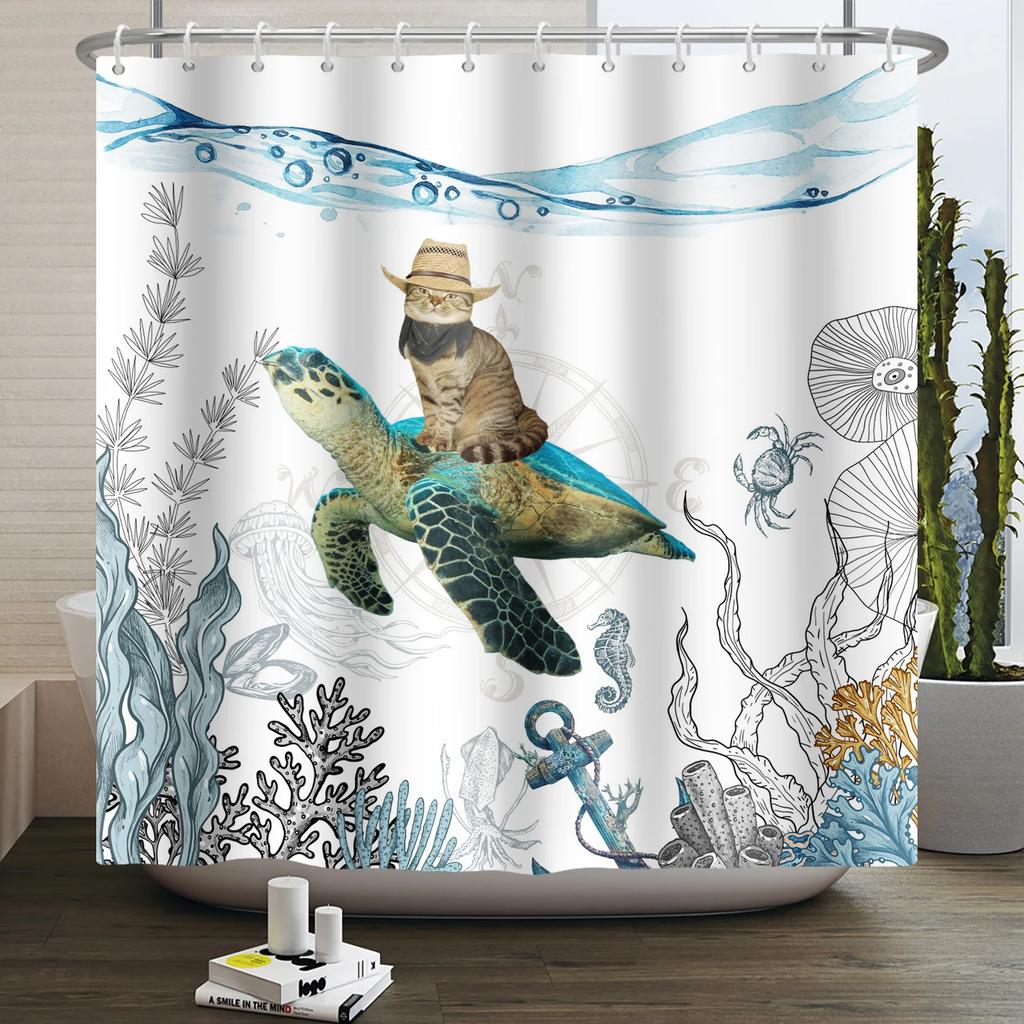 Sea Turtle Shower Curtain Ocean Animals Jellyfish Seahorse Starfish Nautical Underwater Marine Life Waterproof Bathroom Curtain