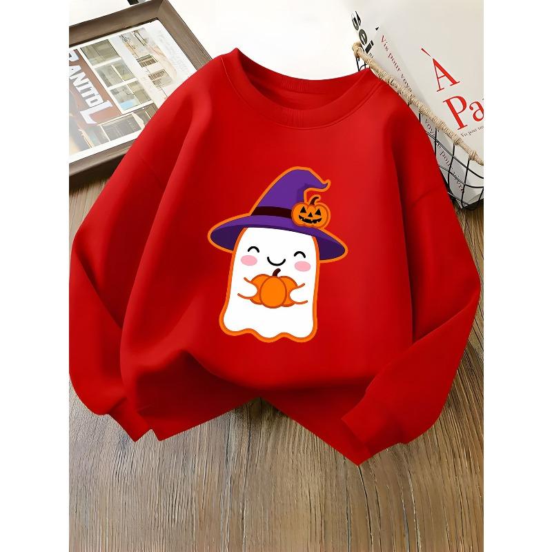 Girls' Pink Long Sleeve Round Neck Sweatshirt - Cute Pink & White & Pumpkin Witch Hat Print, Winter Warm Casual Sweater
