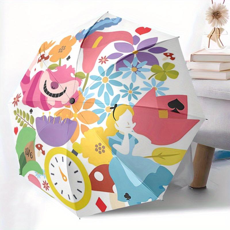 1pc Alice in Wonderland Automatic Opening/Closing Umbrella - Portable 3-Fold Design with 8-Bone Iron Frame, Outdoor, for Fans, Travelers, Da