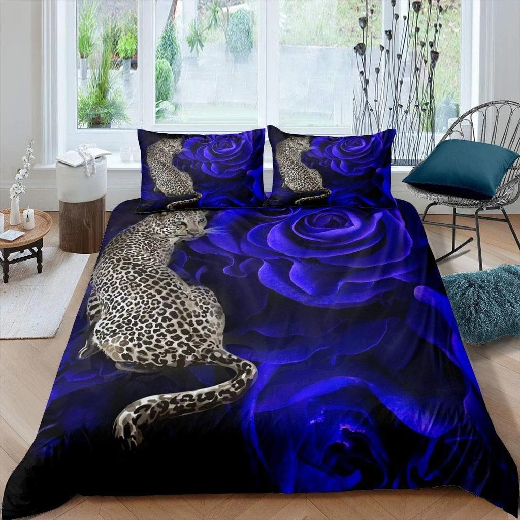 Blue Rose Floral King Queen Duvet Cover 3D Blossom Flowers Bedding Set Valentine's Day Quilt Cover Botanical Comforter Cover