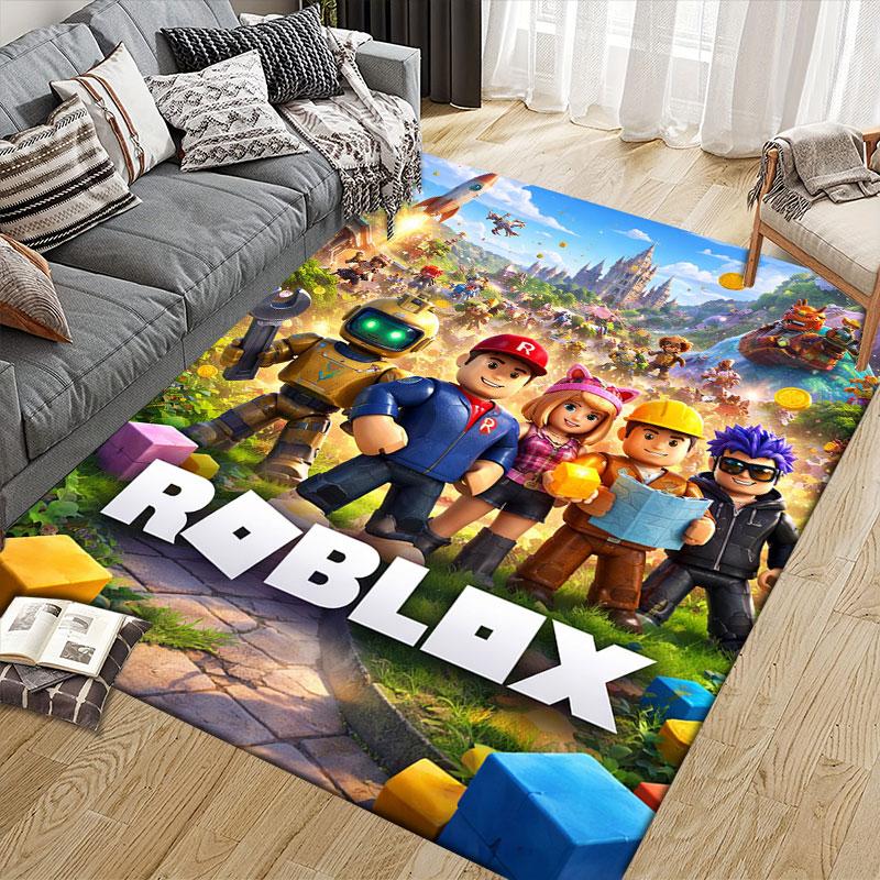 Roblox Flannel Printed Carpet, Home Sofa Decoration for Living Room & Bedroom, Non‑Slip Play Flannel Floor Mat for Game Room