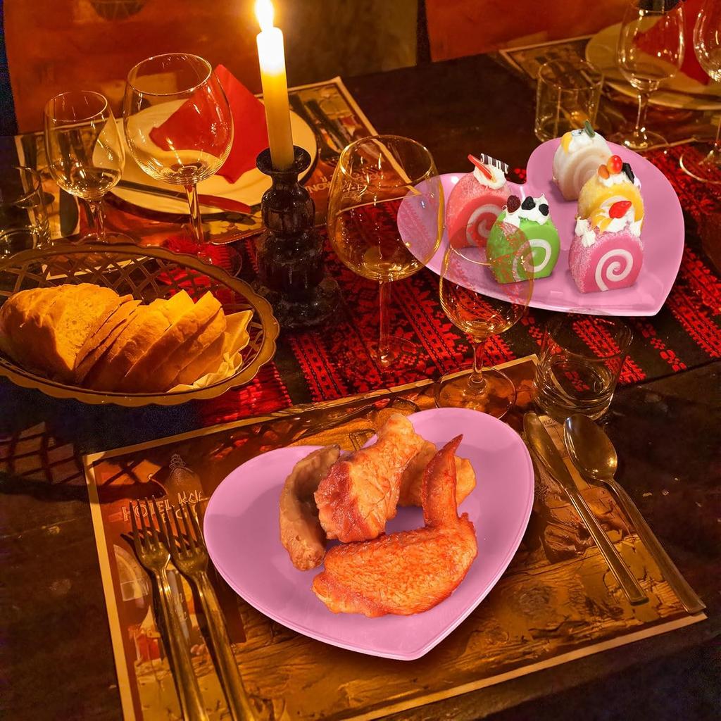 Nuogo 2 Pcs Heart Shaped Dinner Plates 6.8'' Valentine's Serving Tray Unbreakable Ceramic-like Heart Shaped Plates for Dessert, Appetizer, Salad,