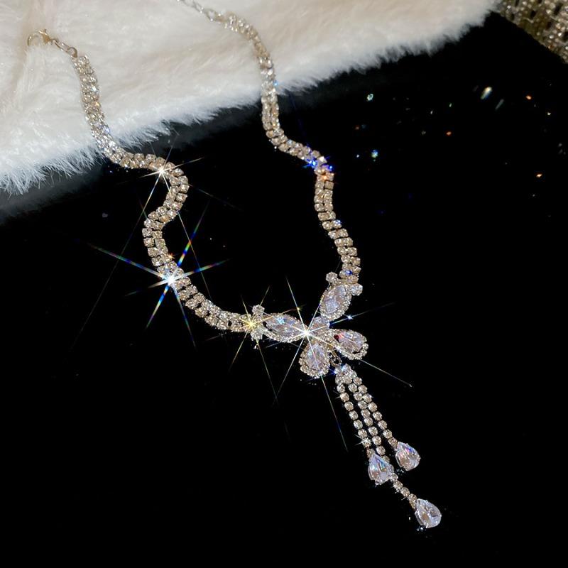 Zircon Double Butterfly Tassel Necklace Earrings Elegant Versatile Jewelry Set Light Luxury High-end Jewelry Women