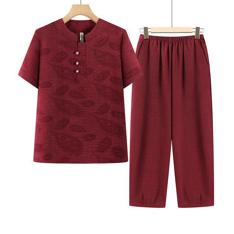 Grandma's Summer Two-Piece Set: Short Sleeve Outfit for Women Aged 60-80