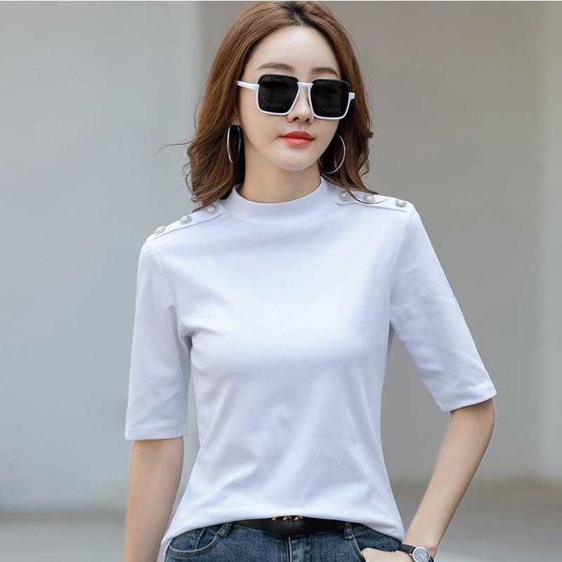 

Женская футболка с украшением на пуговицах, весна-осень, женский пуловер с короткими рукавами, рубашка с круглым вырезом, тонкий женский трикотаж, джемпер, топ XL белый
