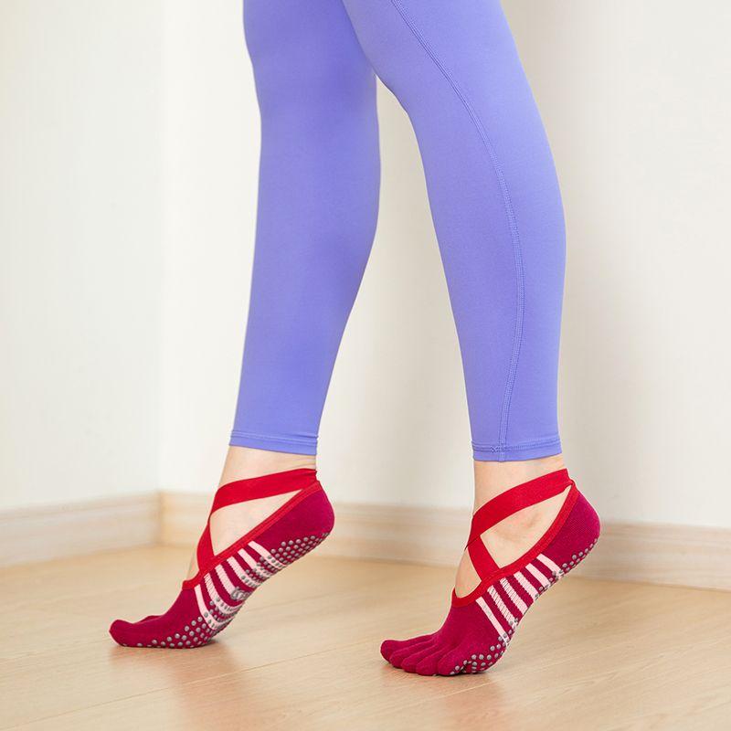 

Short Lace up Yoga Socks Five Finger Non Slip Professional Women Pure Cotton Summer Pilates Socks Sports Fitness Room Socks Rose Red
