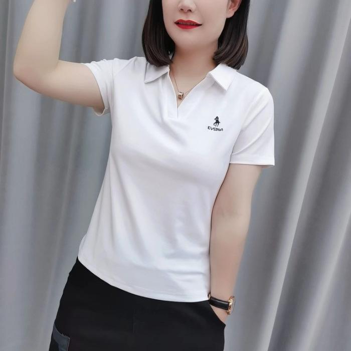 Women's Fashion Casual Summer Spring Solid Color Print Short Sleeve POLO Neck Blouses & Shirts