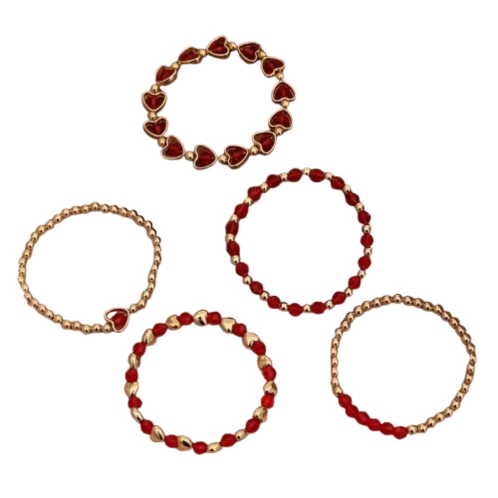 5Pcs/Set Hand Chain Red Heart Charm Bracelet Gold Color Beach Jewelry Set Party