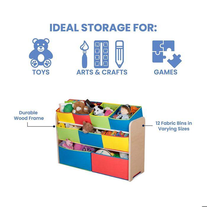 GINGER HOME – Organiseur jouets enfant 3 niveaux avec 9 bacs tissu (2G,3M,4P), structure MDF/métal, multicolore