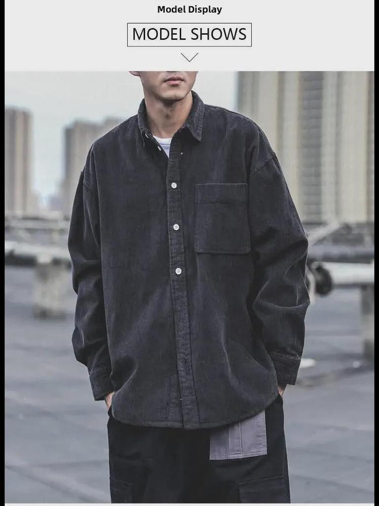 Men’s Autumn Corduroy Long Sleeve Casual Shirt Jacket - Japanese Style, Trendy and Loose Fit for Fall and Winter.