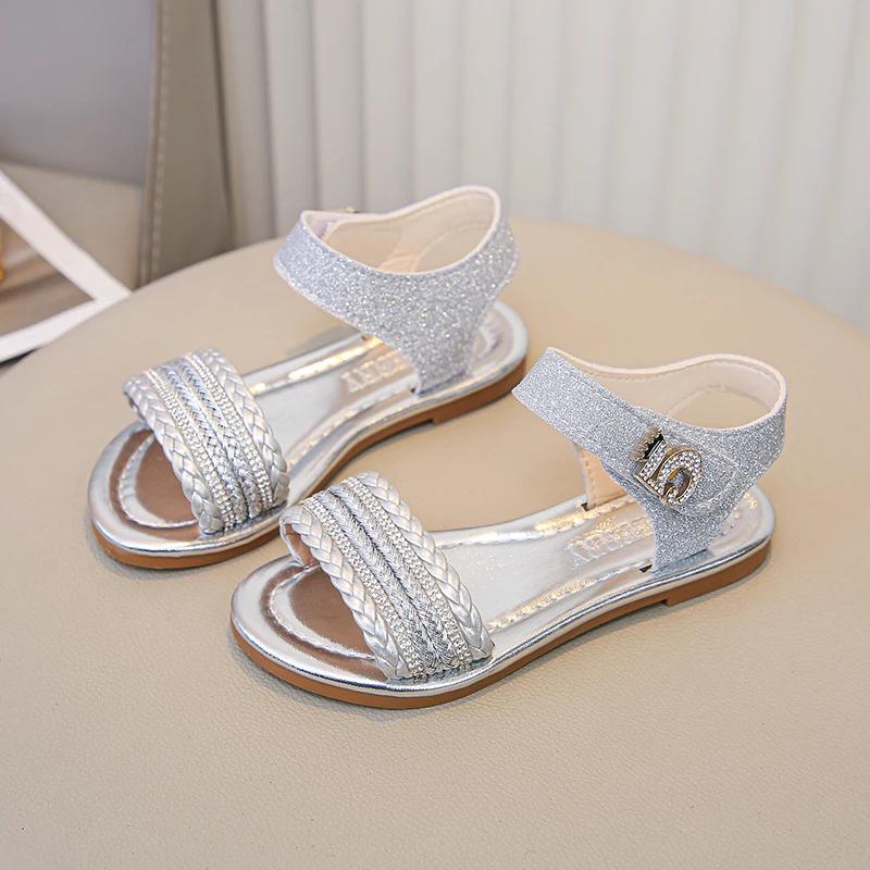 Girls Glitter Beach Shoes 2025 Summer Brand New Shiny Bling Princess Kids Flat Sandals Open Toes Sweet Children Swimming Sandals
