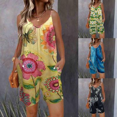 Macacão Feminino com Estampa Floral de Férias Sem Mangas de Comprimento Curto