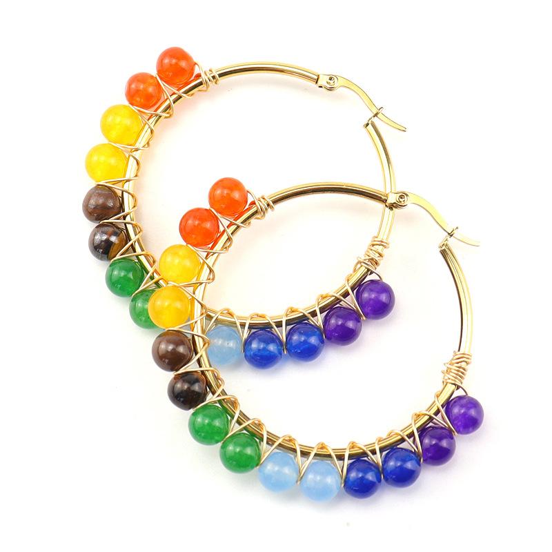 

Gold Stainless Steel Large Circle Earrings Earrings Winding Natural Stone Original Bead Crystal Agate Bead Earrings E27 stainless steel ring