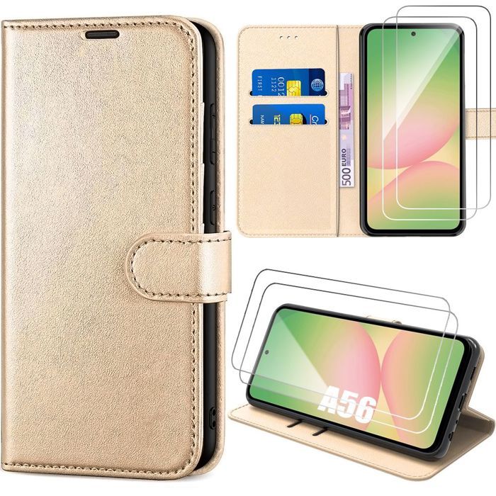 Coque de protection - BOOLING - pour Samsung Galaxy A56 5G - Cuir Synthétique Doré - 2 Verres Trempés - Antichoc