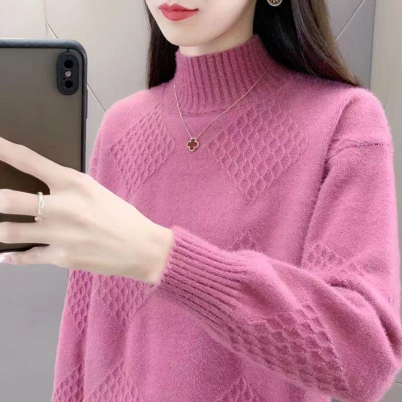 Women's Knitted Sweater Retro Top Sweater Autumn and Winter Semi High Neck Thick Warm Sweater