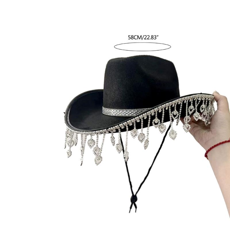 Glänzender Sommer-Cowgirl-Hut mit Herz-Strass-Fransen für Hochzeiten