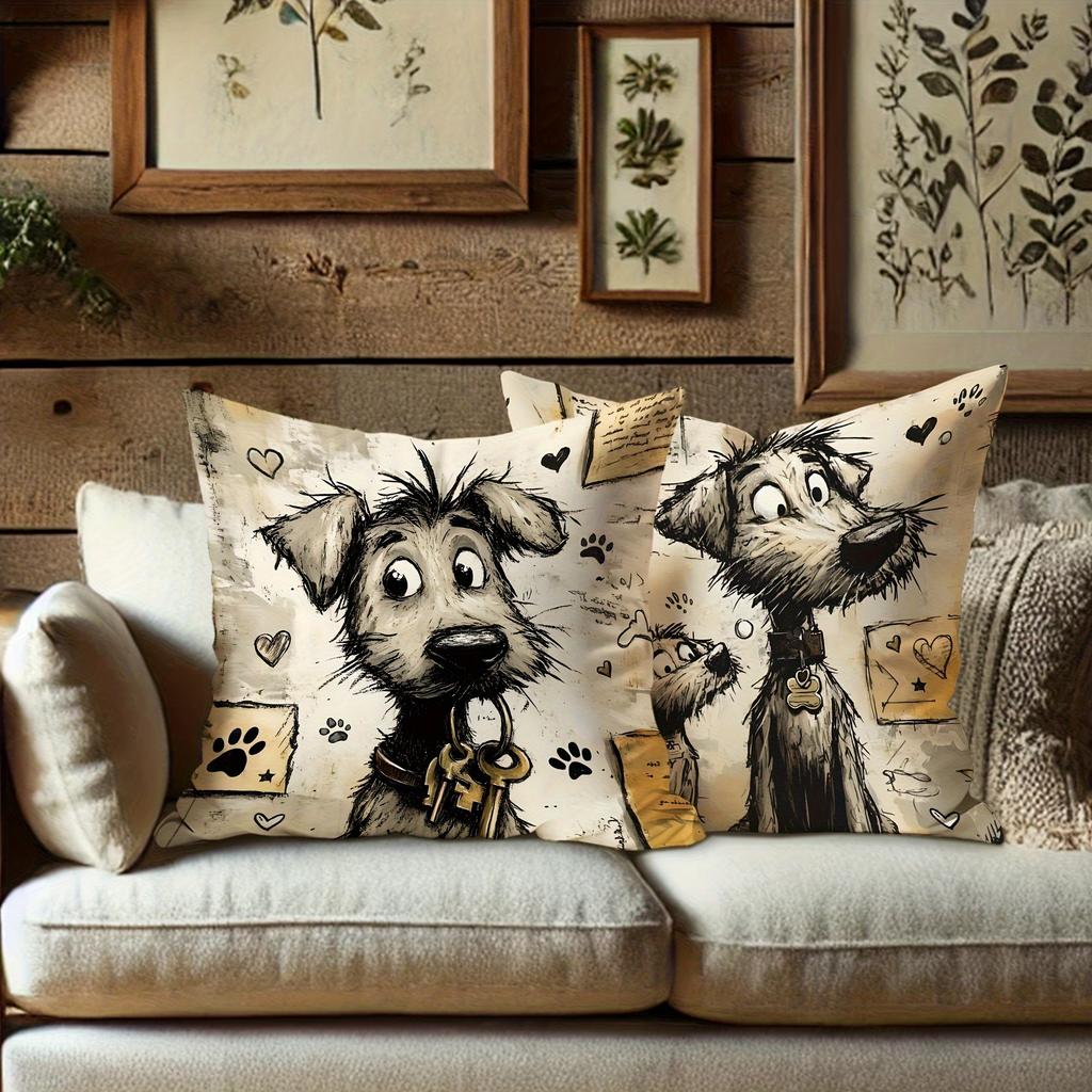 1/4pcs Cute Dog Illustrations Printed Pillowcases Sofa Cushion Cover Home Bedroom Room Decoration