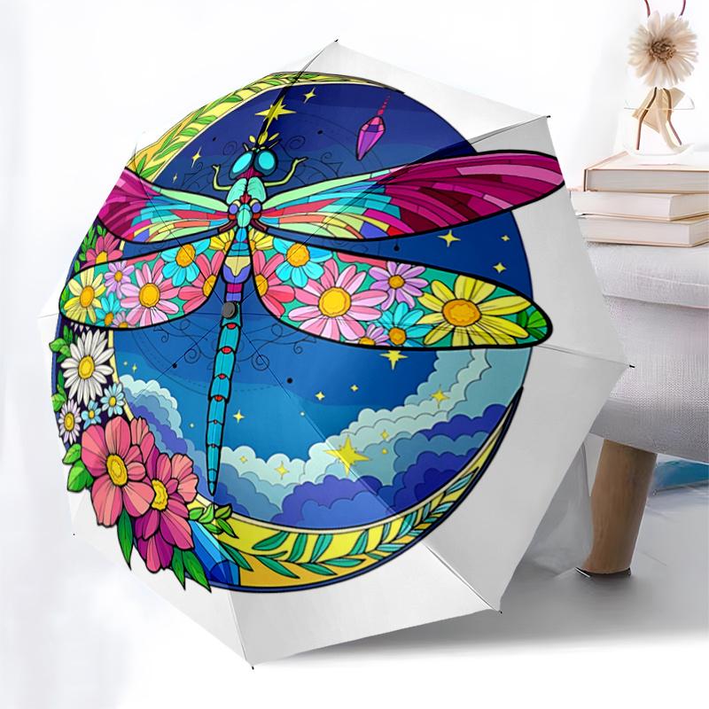 Colorful Dragonfly & Flower Design Automatic Opening Folding Umbrella with 8-Bone Iron Frame, Suitable for Fans, Travelers, Daily Use, and G