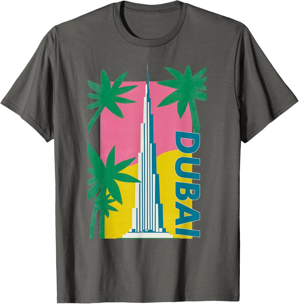 Dubai Burj Khalifa Palm Tree Retro Graphic Tee Men Casual Cotton TShirt