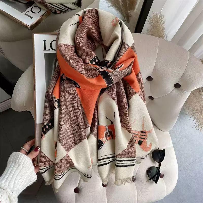 Premium Double-Sided Jacquard Houndstooth Scarf Wrap Women Winter Fall Warm Cotton Blend Shawl 185x70cm