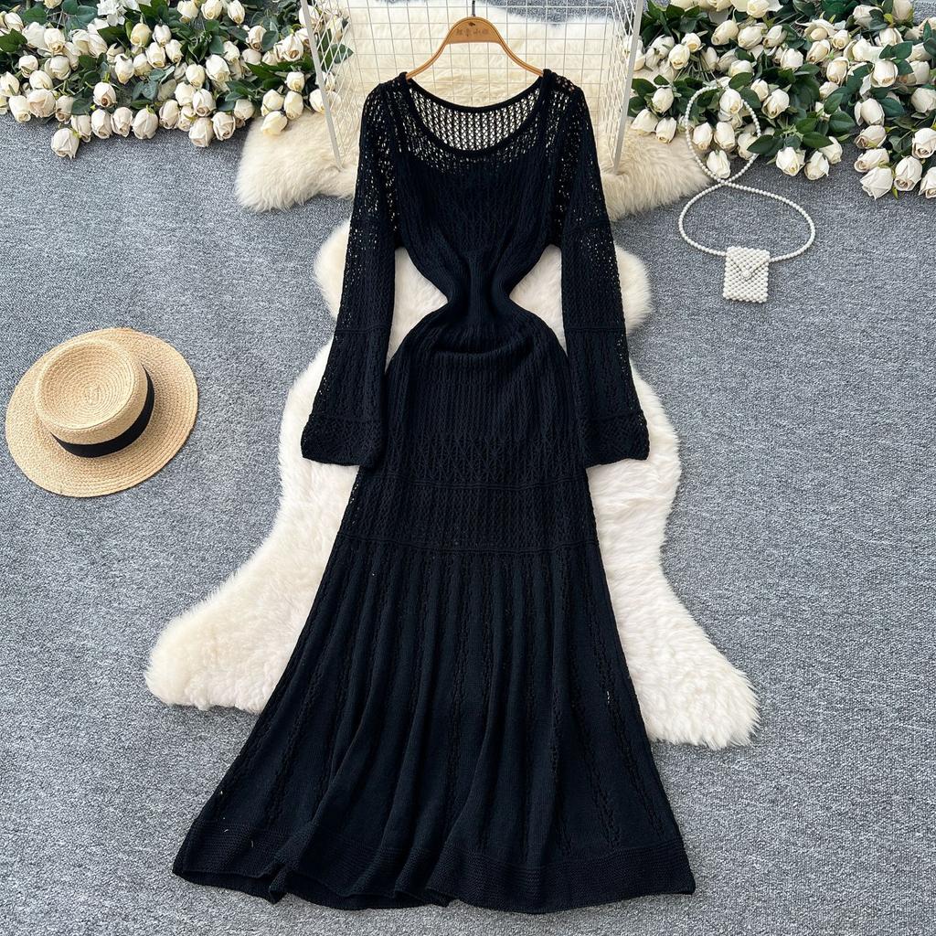 Lazy wind casual high-end sense hollow crochet knitted dress women's inner suspender bottom skirt two-piece set